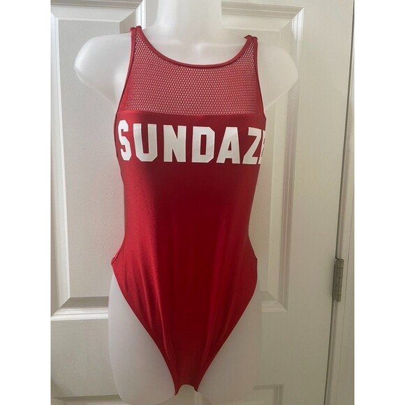 Forever 21 Red One Piece High Leg Graphic BATHING Suit “Sundaze” LG BEACHY - Picture 2 of 10